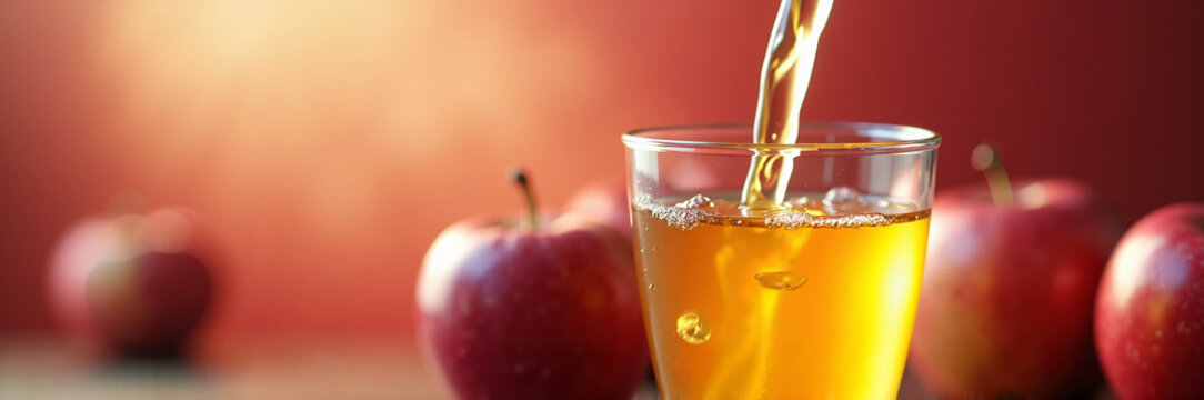 Pouring apple juice into glass with fresh red apples on table, nutritious drink. Apple juice cascading into clear glass, healthy, fresh, tasty liquid for thirst quenching and refreshment.