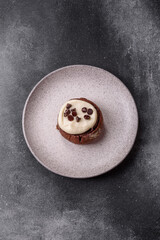 Cinnamon roll, a sweet bun with citrus, cherries, and chocolate, a Danish dessert with cream