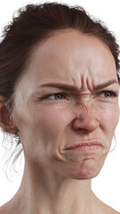 Fototapeta premium Caucasian woman with a powerful expression of disgust and anger isolated on transparent background.