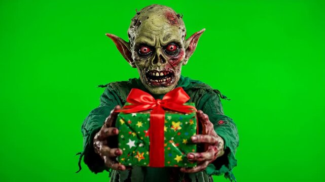 Creepy Zombie Elf Offering a Gift on Green Screen - A scary zombie elf with pointed ears and red eyes presents a wrapped Christmas gift with a red bow against a green screen backdrop.