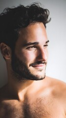 Portrait of a handsome shirtless man with dark curly hair.