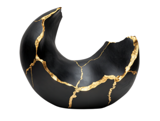 Abstract black ceramic fragment with golden kintsugi repair isolated on transparent background