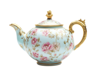 Antique porcelain teapot with floral pattern and ornate gold handle isolated on transparent background