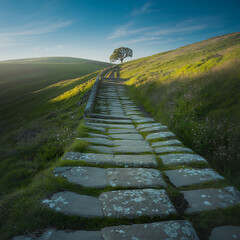 Stone Path to Solitude A Tranquil Journey Through Rolling Hills Leading to a Lonely Tree at Sunset
