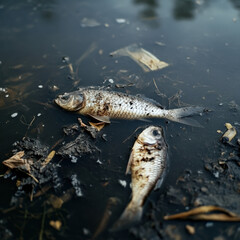 Dead fish in polluted water with trash and mud