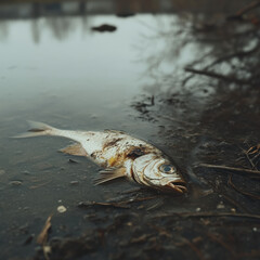 Dead fish floating in polluted water with trash and mud