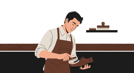 Shoemaker Polishing Leather Shoes in Workshop Environment With Apron and Tools Applied