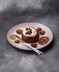 Cinnamon roll, a sweet bun with citrus, cherries, and chocolate, a Danish dessert with cream