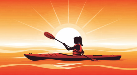 Silhouette kayaking woman paddle sunset over water outdoor adventure illustration