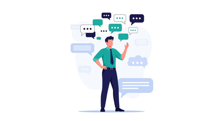 Man surrounded by speech bubbles representing communication, ideas, and discussion
