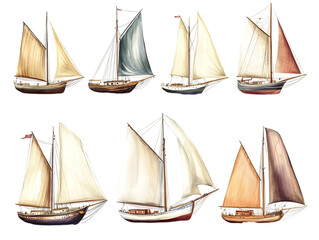 Collection of eight antique sailing ships with white and beige sails isolated on transparent background