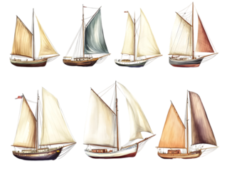 Collection of eight antique sailing ships with white and beige sails isolated on transparent background