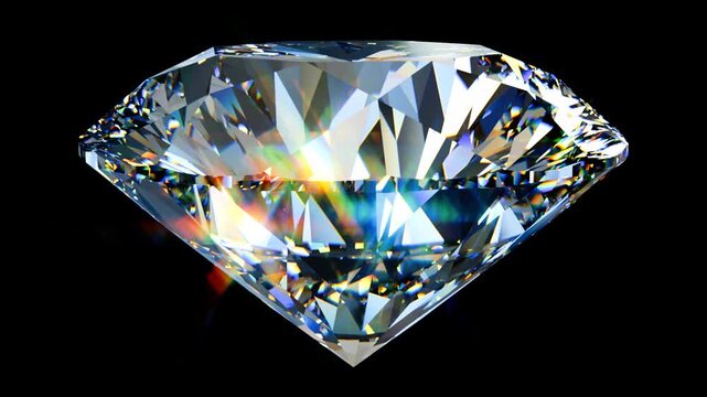 Big round 129 facet cut diamond rotating on black background. Seamless loop 3D animation