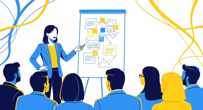Strategic Business Presentation: Animated Woman Leading a Team in a Modern Setting