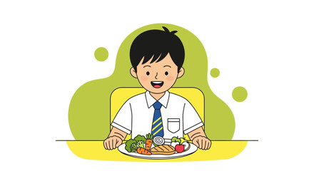 Student Enjoying Fresh Nutritious Meal Smiling, Celebrating Positive Healthy Habits