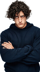 Obraz premium Intense young man with curly hair and crossed arms staring angrily isolated on transparent background.