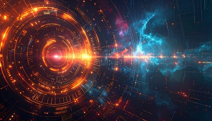 A dynamic, futuristic illustration showcases concentric rings of vibrant orange and blue light, radiating outward from a central point, with intricate digital patterns and lines.