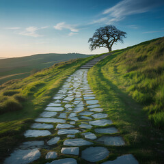 Picturesque Stone Path Ascending a Hillside with a Solitary Tree Against a Serene Sky a Peaceful Journey