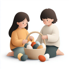 Siblings playing with Easter eggs from basket on white background  