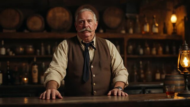 A Vintage Bartender in a Cozy Old West Bar Setting with Classic Atmosphere