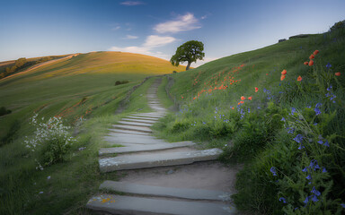 Idyllic Hillside Pathway A Stone Staircase Leads to a Lone Tree at Sunset Amidst Wildflowers