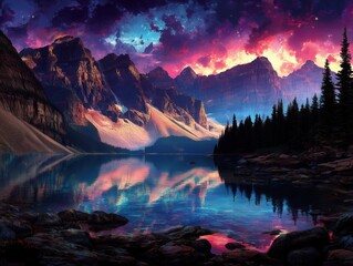 Vibrant mountain landscape reflecting on a serene lake at sunset.