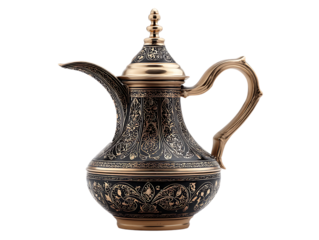 Ornate antique copper arabic dallah coffee pot with intricate patterns isolated on transparent background