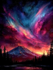 Vivid night sky with mountains and trees reflecting on calm water.