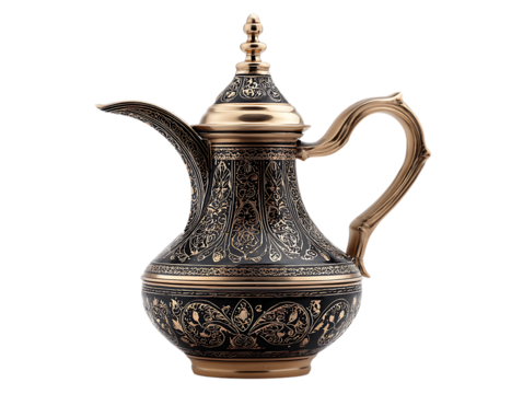 Ornate antique copper arabic dallah coffee pot with intricate patterns isolated on transparent background