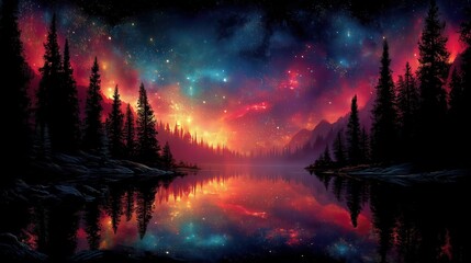 Vibrant sunset reflected in a tranquil lake surrounded by trees.