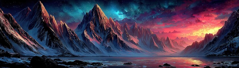 Majestic mountain landscape with vibrant colors and starry sky.