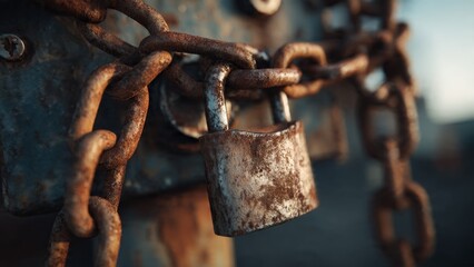 Rusty chain and padlock securely fixed on heavy equipment ignition switch soft morning light highlighting the rusty surface closeup perspective