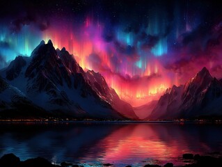 Vibrant aurora over majestic mountains and serene lake at night.