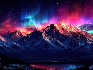 Vibrant mountain landscape under a colorful aurora borealis sky.