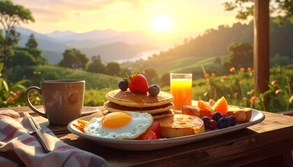 A picturesque outdoor breakfast scene featuring pancakes, eggs, fruit, and juice, all set against a beautiful mountain vista at sunrise.