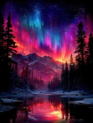 Vibrant aurora over a serene mountain lake at night.