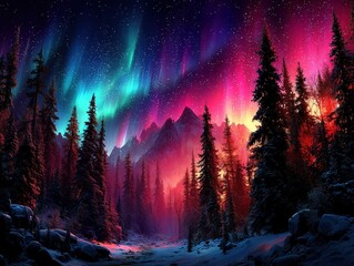 Vibrant aurora over a snow-covered forest landscape at dusk.