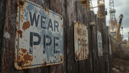 Closeup of weathered ppe safety signs on wooden fence with peeling paint and rust blurred construction machinery in background