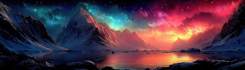 Vibrant cosmic landscape with mountains and colorful sky reflections.