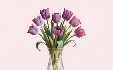 Elegant Purple Tulips in a Glass Vase, Soft Pastel Background, Peaceful Still Life Photography, Floral Elegance and Simplicity