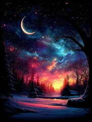 Stunning night sky with a colorful aurora and snow-covered landscape.