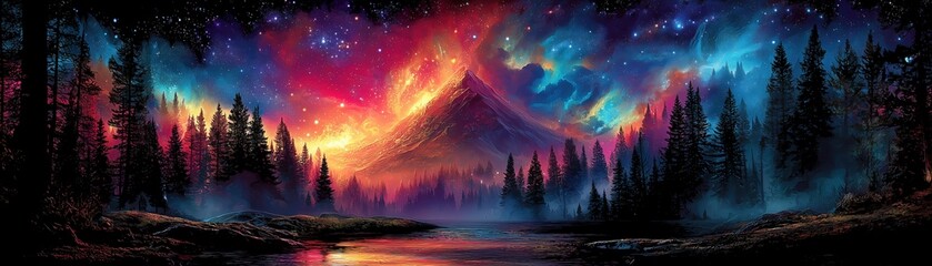 Vibrant mountain landscape with colorful sky and trees reflecting on water.