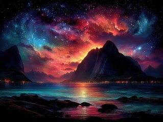 Vibrant cosmic landscape with mountains and a reflective lake at sunset.