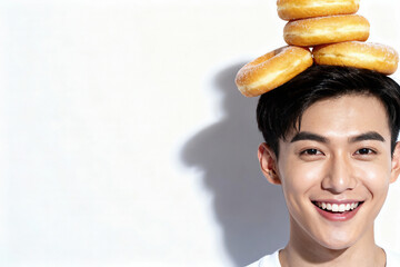 Smiling young man with stacked donuts on head posing playfully against white background with strong shadow and copy space