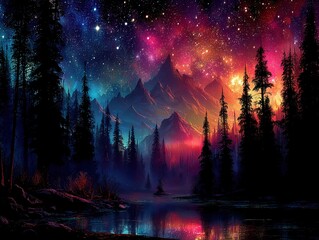 Vibrant starry night over mountains reflected in a serene lake.