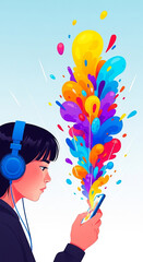 Illustration of a young man looking at his cell phone with an explosion of colors