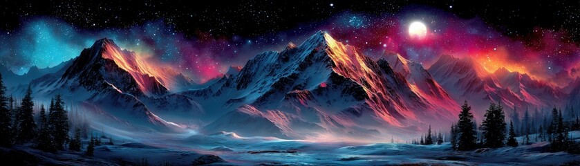 Vibrant night landscape with mountains and a starry sky.