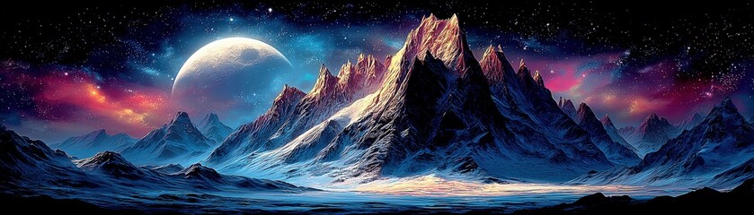 Majestic mountains under a starry sky with a distant moon.