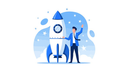 Successful Business Launch: A Man Achieves His Mission With Rocket And Stars