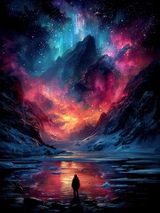 Surreal landscape with a figure reflecting on a vibrant, starry scene.